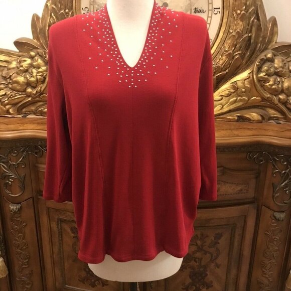 Rafaella Studio. Studded V-Neck Top. Size 1X Bust 46". 3/4 Sleeve. Stretch B8 - Picture 1 of 6